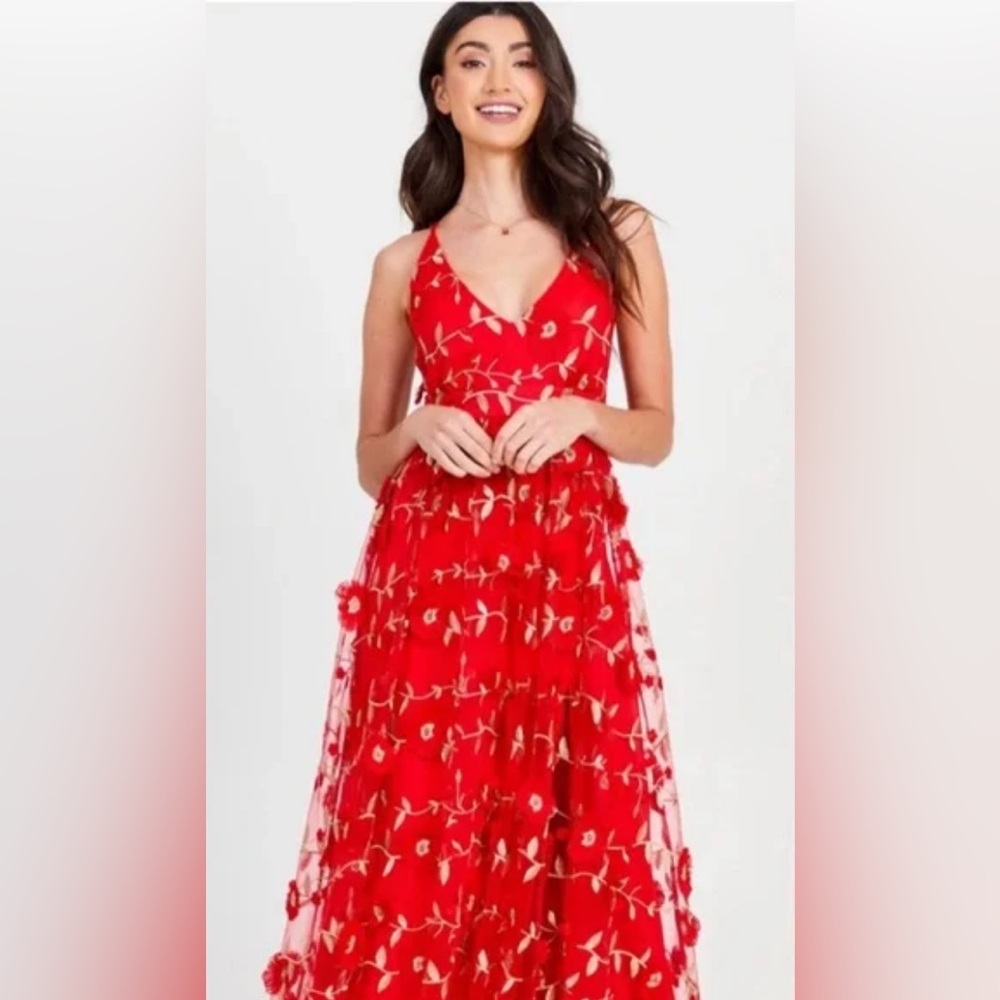 NEW Altar’d State Red Floral Gown with Gold Accents